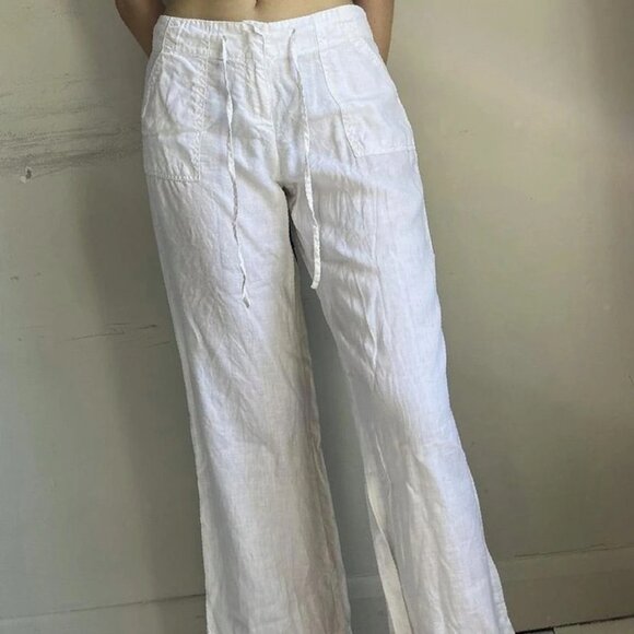 white lace up drawstring linen Boho chic wide leg trousers - Picture 4 of 4